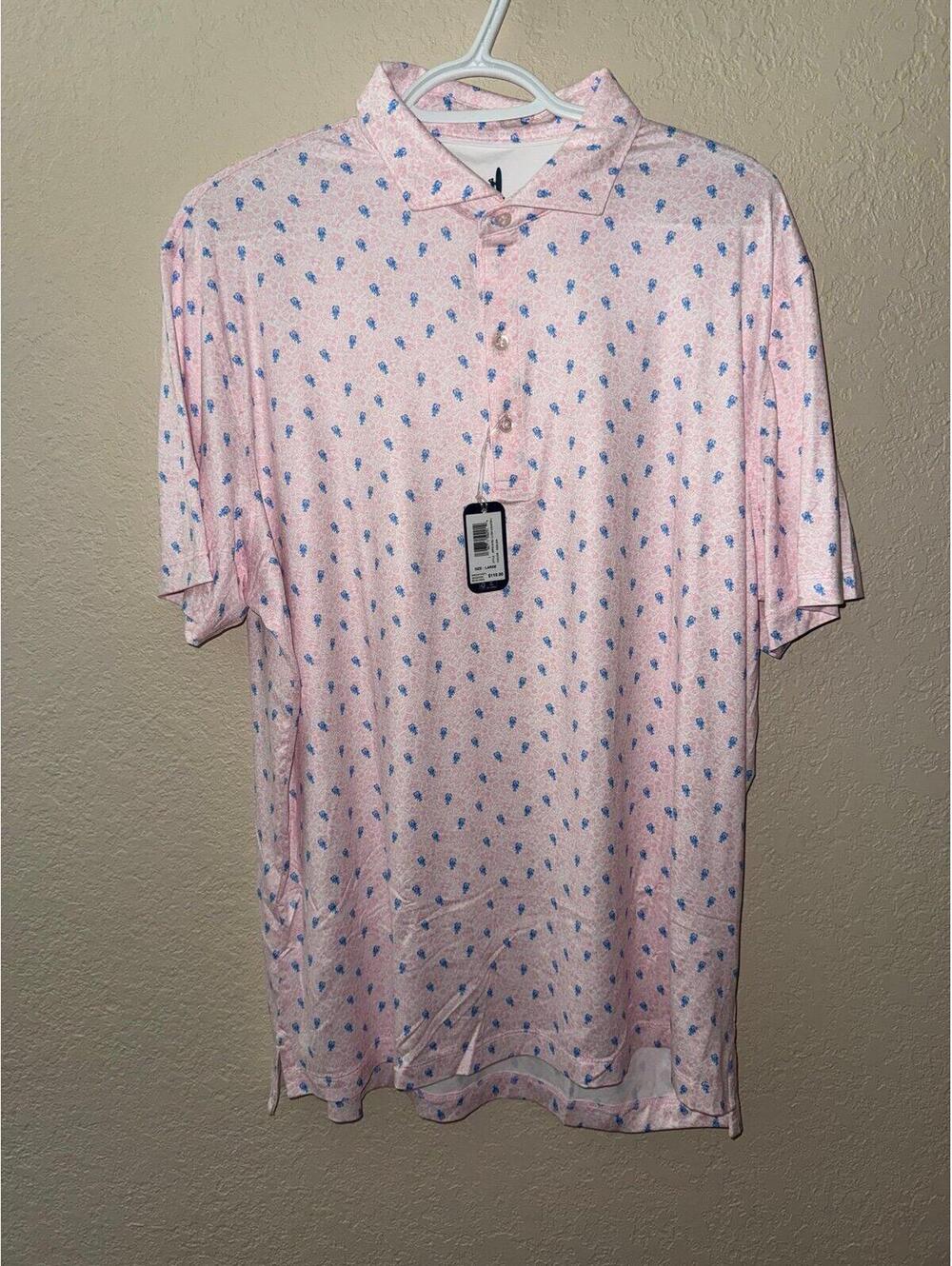 Johnnie-O Featherweight Polo Lobster Print Pink Azalea Men’s Large NWT